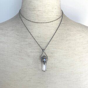 Sterling Silver 925 Smoky Quartz & Quartz Crystal Point Pendant Necklace 30"